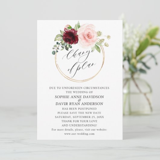Burgundy Roze Bloemen Trouwplannen Gewijzigd Kaart (Staand voorkant)