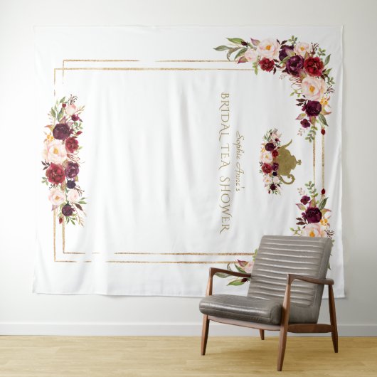 Burgundy Roze Bloemige Bruiloftstheeceremonie Foto Wandkleed (In Situ (horizontaal))