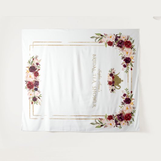 Burgundy Roze Bloemige Bruiloftstheeceremonie Foto Wandkleed (Voorkant (horizontaal))