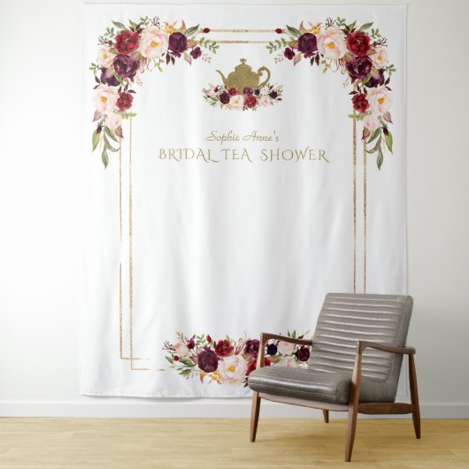Burgundy Roze Bloemige Bruiloftstheeceremonie Foto Wandkleed (In situ)