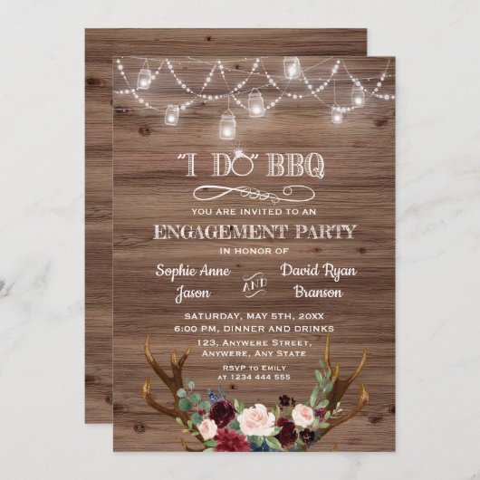 Burgundy Roze Bloemige Geweien I DO BBQ Verloving Kaart (Voorkant / Achterkant)