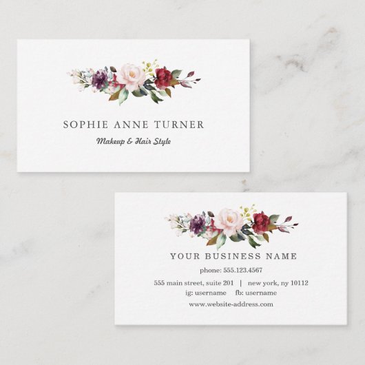 Burgundy Roze Bloemige Professionele Visagist Visitekaartje (Voorkant / Achterkant)