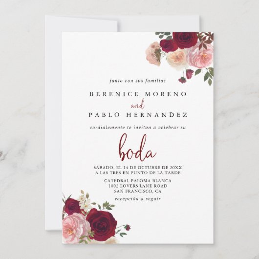 Burgundy Roze Blush Bloem S paanse Trouw  Kaart (Voorkant)