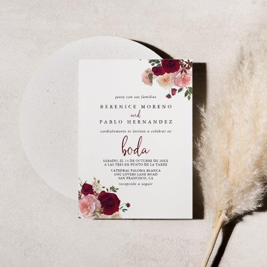 Burgundy Roze Blush Bloem S paanse Trouw  Kaart