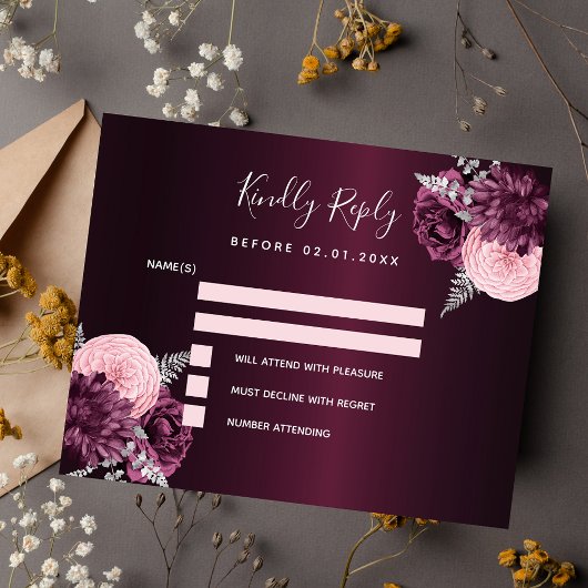 Burgundy roze floral budget bruiloft RSVP-kaart