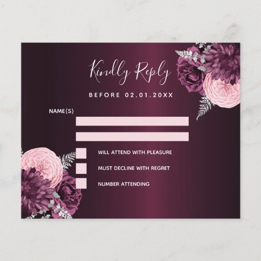 Burgundy roze floral budget bruiloft RSVP-kaart Flyer (Voorkant)