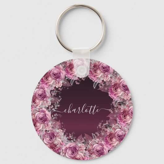 Burgundy roze floral name script sleutelhanger (Voorkant)