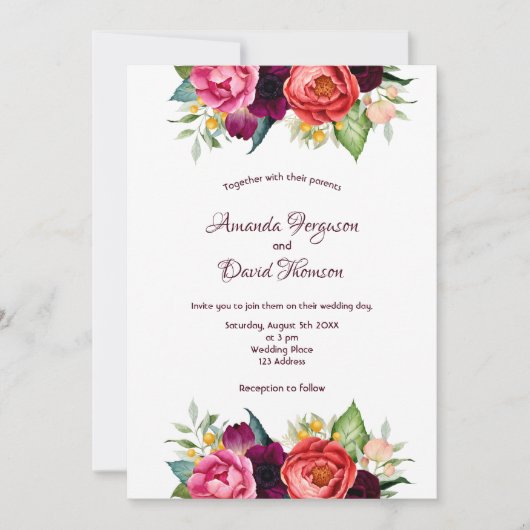 Burgundy roze florals herfst witte bruiloft kaart (Voorkant)