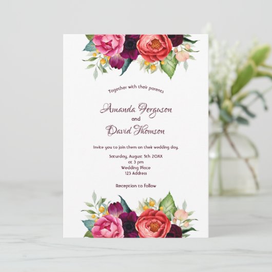 Burgundy roze florals herfst witte bruiloft kaart (Staand voorkant)