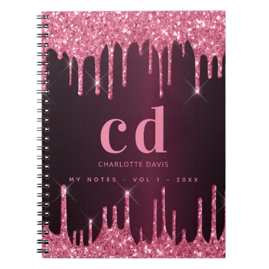 Burgundy roze glitter druipt monogram notitieboek (Voorkant)