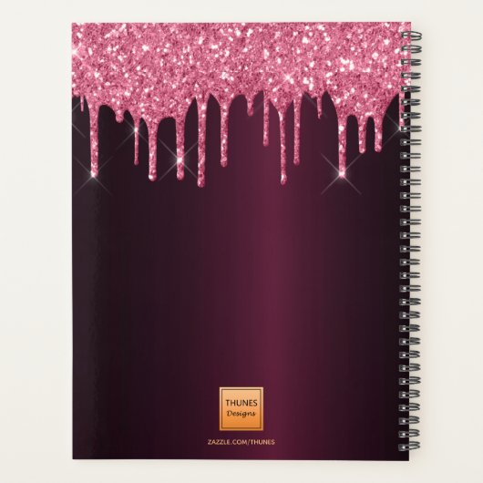 Burgundy roze glitter druipt monogram planner (Achterkant)