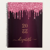 Burgundy roze glitter druipt monogram planner (Voorkant)