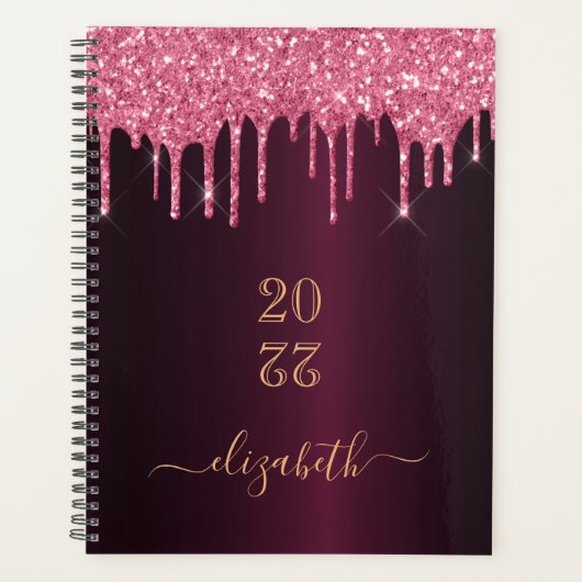 Burgundy roze glitter druipt monogram planner (Voorkant)