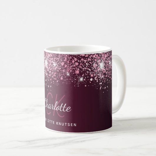 Burgundy roze glitter name script koffiemok (Voorkant rechts)