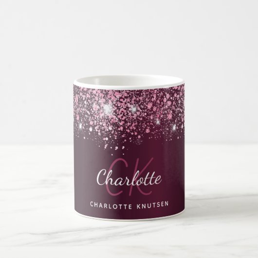 Burgundy roze glitter name script koffiemok (Center)
