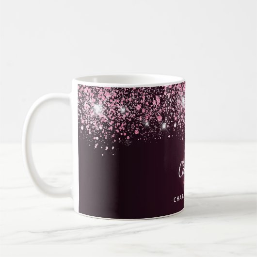 Burgundy roze glitter name script koffiemok (Links)