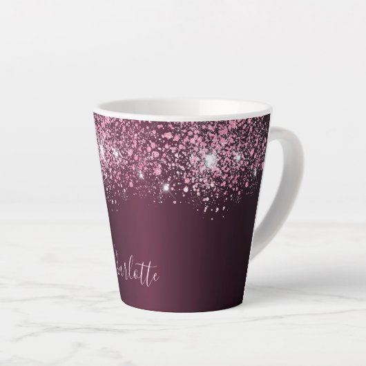 Burgundy roze glitter name script latte mok (Rechterhoek)