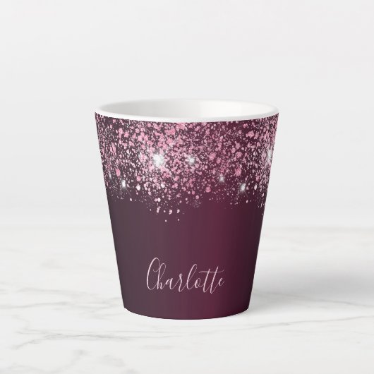 Burgundy roze glitter name script latte mok (Voorkant)