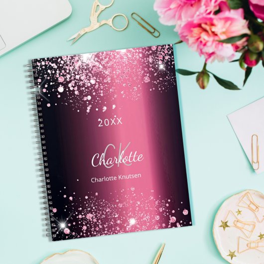 Burgundy roze glitter stofmonogram 2023 planner