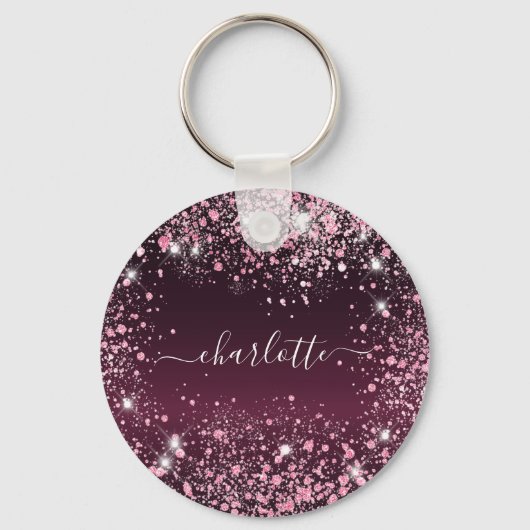 Burgundy roze glitter-stofnaamscript sleutelhanger (Voorkant)