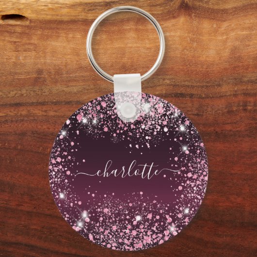 Burgundy roze glitter-stofnaamscript sleutelhanger (Voorkant)