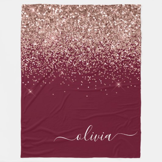 Burgundy Roze Goud Blush Roze Glitter Monogram Fleece Deken (Voorkant)