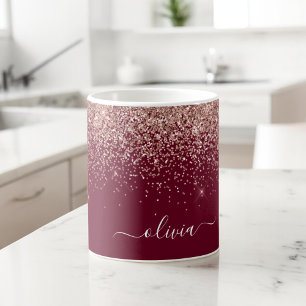 Burgundy Roze Goud Blush Roze Glitter Monogram Grote Koffiekop