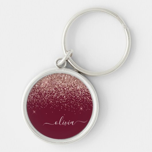 Burgundy Roze Goud Blush Roze Glitter Monogram Sleutelhanger (Voorkant)