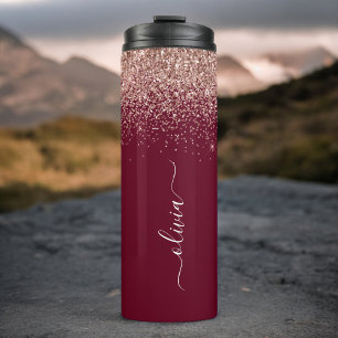Burgundy Roze Goud Blush Roze Glitter Monogram Thermosbeker