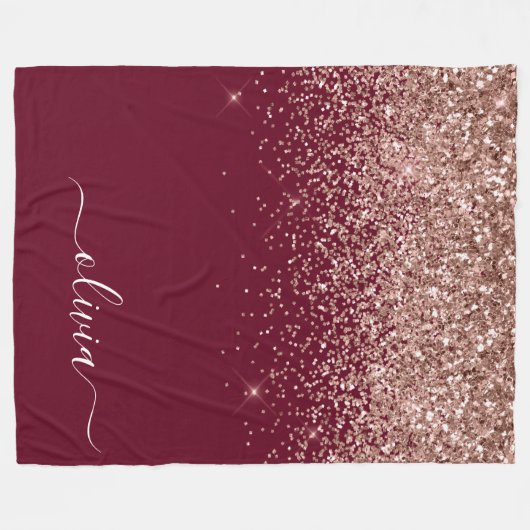 Burgundy Roze Gouden Blush Roze Glitter Monogram Fleece Deken (Voorkant (Horizontaal))