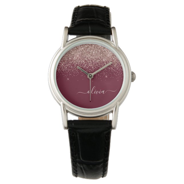 Burgundy Roze Gouden Blush Roze Glitter Monogram Horloge (Voorkant)