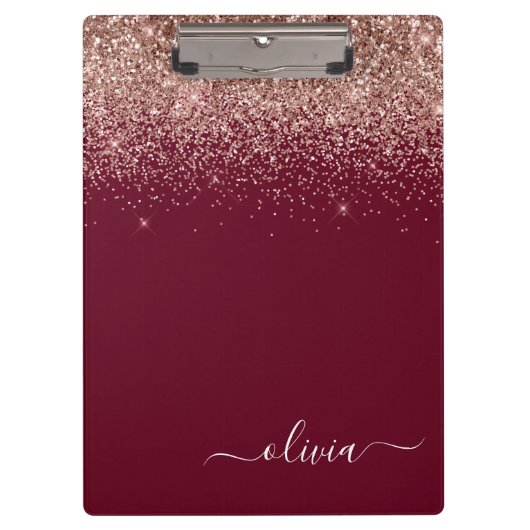 Burgundy Roze Gouden Blush Roze Glitter Monogram Klembord (Voorkant)