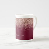 Burgundy Roze Gouden Blush Roze Glitter Monogram Porselein Kop (Voorkant rechts)
