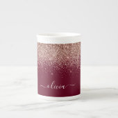 Burgundy Roze Gouden Blush Roze Glitter Monogram Porselein Kop (Voorkant)