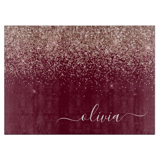 Burgundy Roze Gouden Blush Roze Glitter Monogram Snijplank (Voorkant)