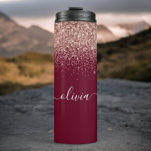 Burgundy Roze Gouden Blush Roze Glitter Monogram Thermosbeker