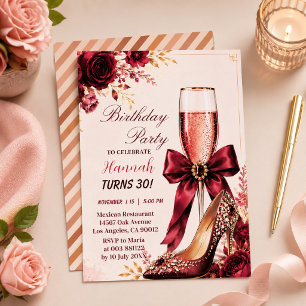 Burgundy Roze Gouden Verjaardagsglamour Folie Uitnodiging