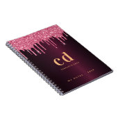 Burgundy roze goudglitter druppelt monogram naam notitieboek (Rechterzijde)