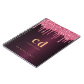 Burgundy roze goudglitter druppelt monogram naam notitieboek (Linkerzijde)