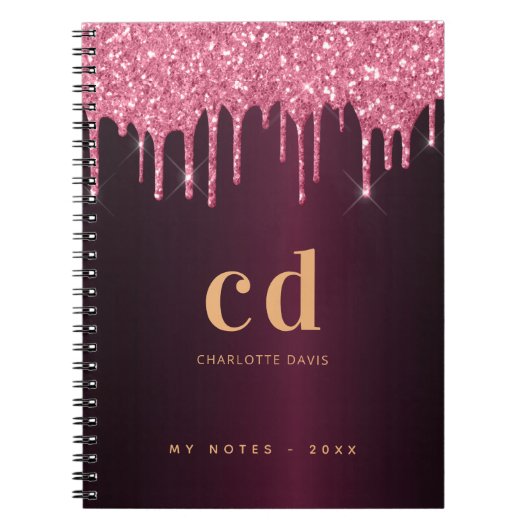 Burgundy roze goudglitter druppelt monogram naam notitieboek (Voorkant)