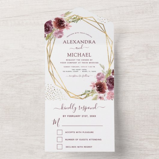 Burgundy Roze Moderne Geometrische Bloem Bruiloft All In One Uitnodiging (Binnen)