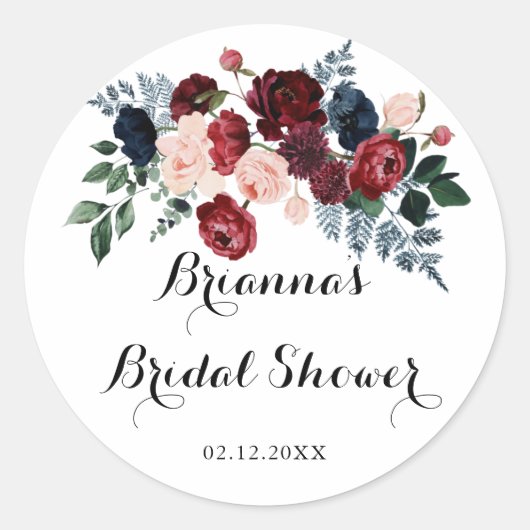 Burgundy Roze Navy Bloemige Trouwfeest Favor Ronde Sticker (Voorkant)