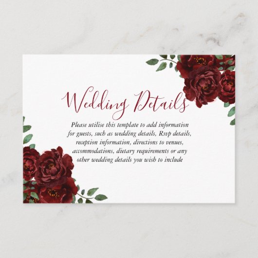 Burgundy Roze Romantische Trouwreceptie details Informatiekaartje (Voorkant)