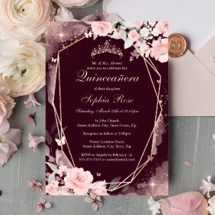 Burgundy Roze Vlinder Bloemige Quinceanera Folie Uitnodiging