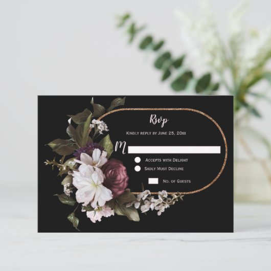 Burgundy Roze Witte Bloem Gouden Lijst RSVP | (Staand voorkant)