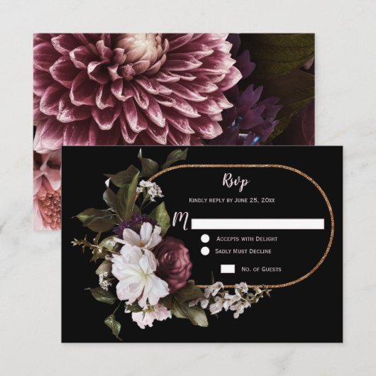 Burgundy Roze Witte Bloem Gouden Lijst RSVP | (Voorkant / Achterkant)