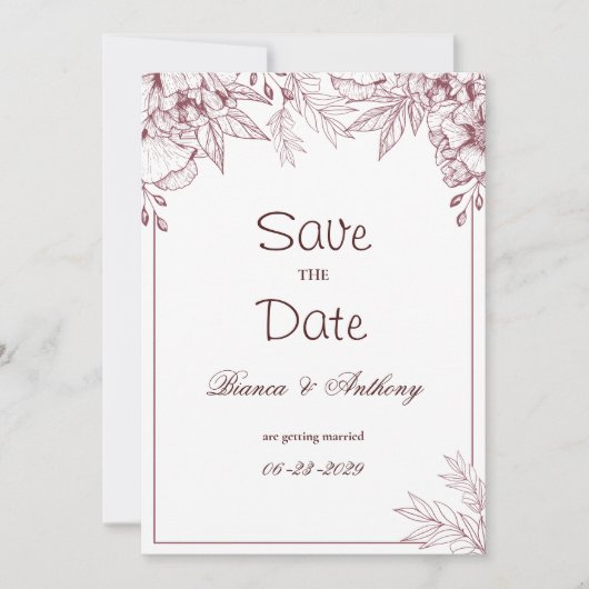 Burgundy roze witte eenvoudige bloemige Save the D Kaart (Voorkant)