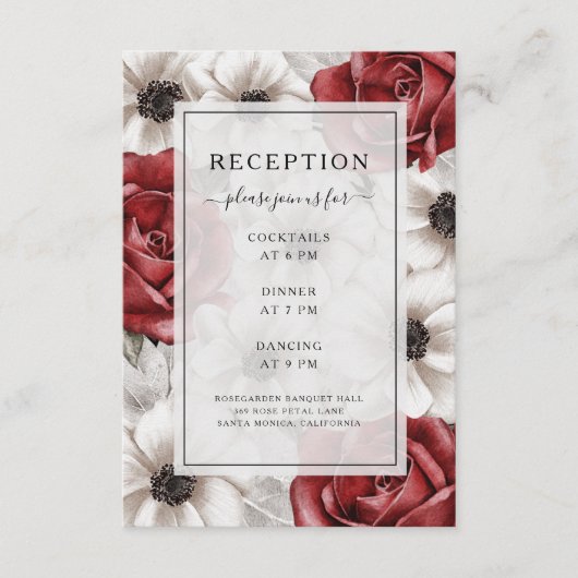 Burgundy Rozen Anemone Floral Wedding Reception Informatiekaartje (Voorkant)