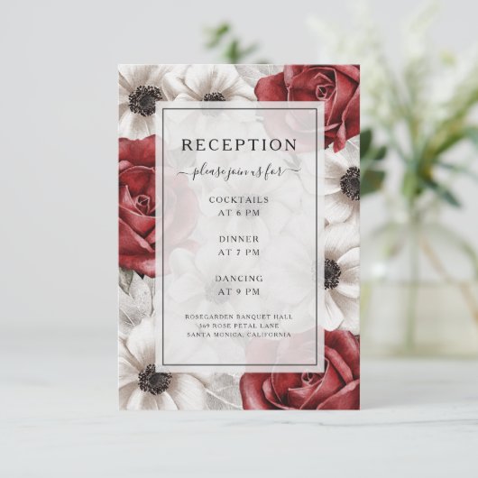 Burgundy Rozen Anemone Floral Wedding Reception Informatiekaartje (Staand voorkant)