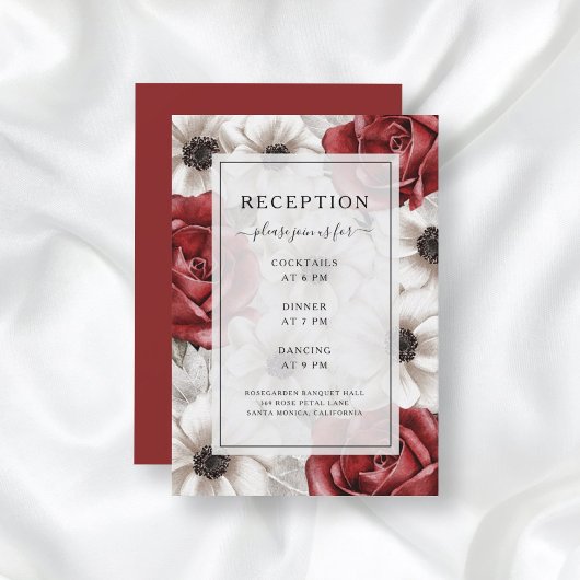 Burgundy Rozen Anemone Floral Wedding Reception Informatiekaartje